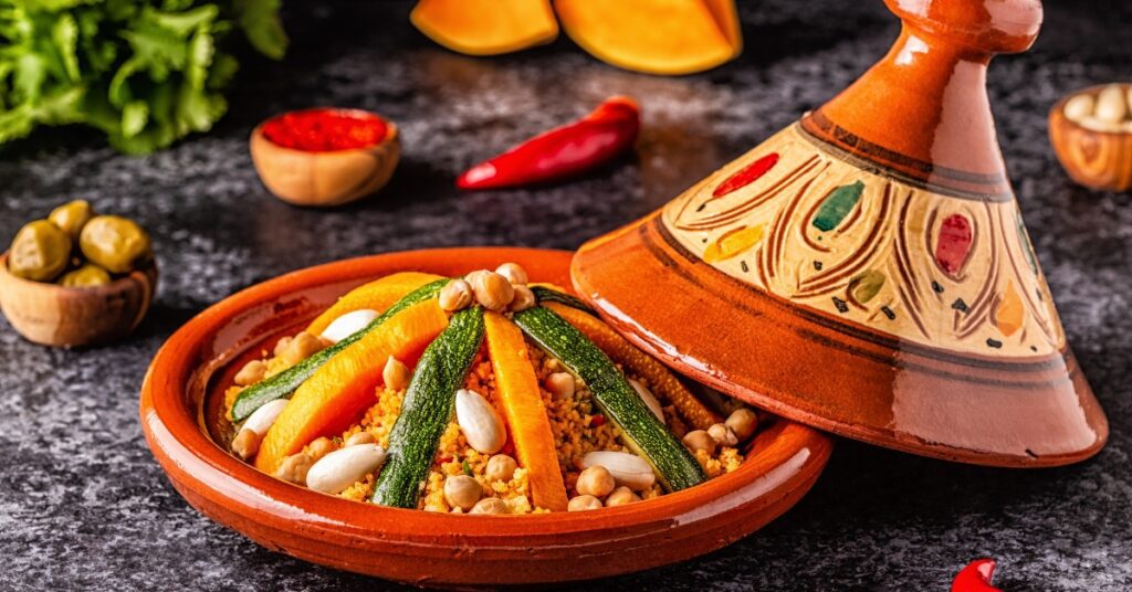 Vegetable tagine with almond and chickpea couscous in Algeria